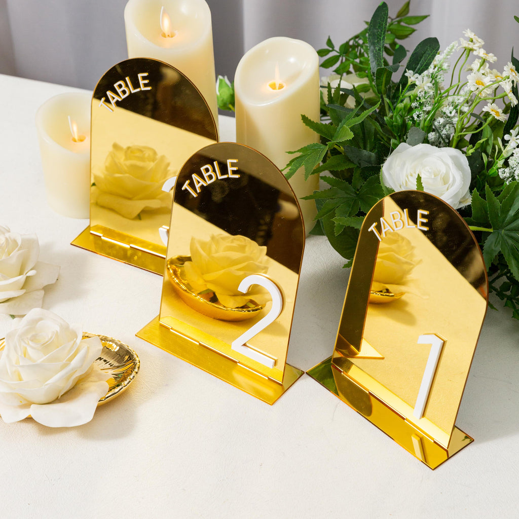 Arch Wedding Table Numbers and Names in Gold Mirror Acrylic and White 3D Letters