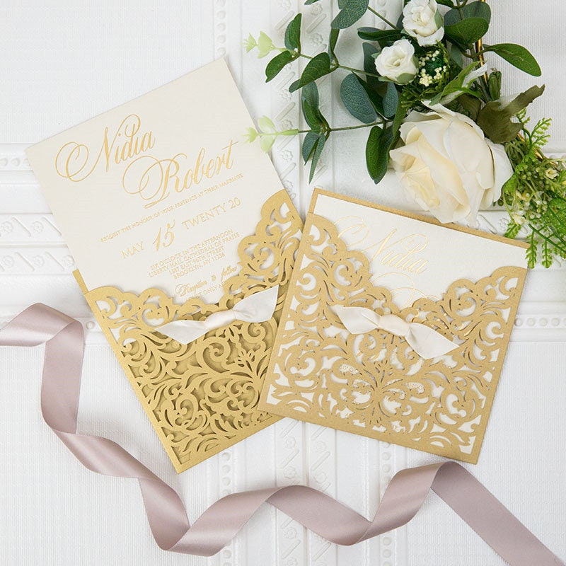 Gold Pocket Wedding Invitation with Gold Foiling Detailing and Ivory Ribbon Finish