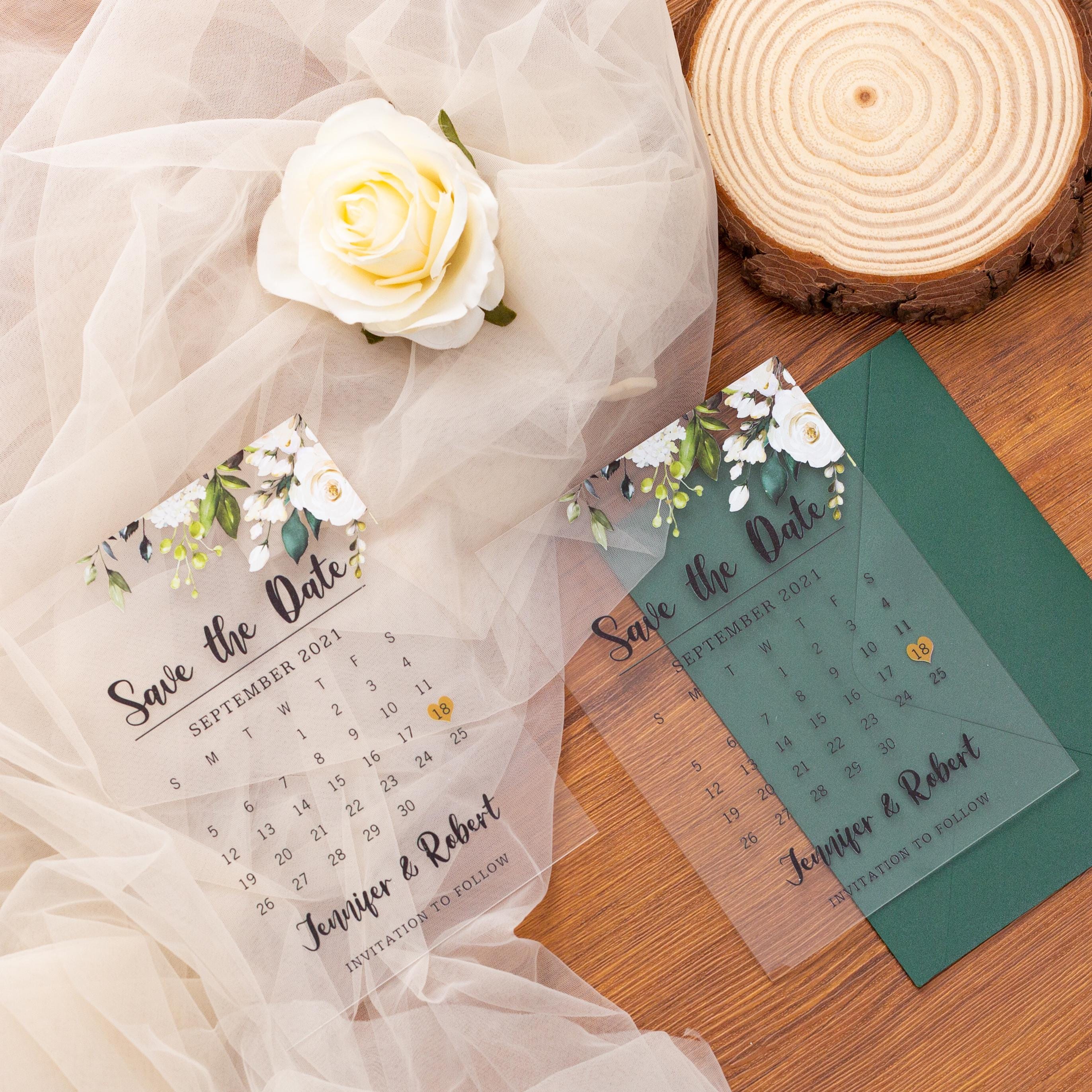 Clear Acrylic Wedding Save The Date: White Florals, Green Envelope