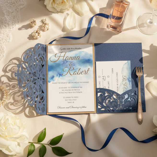 Navy Laser Cut Wedding Invitation, Watercolour & Gold Glitter