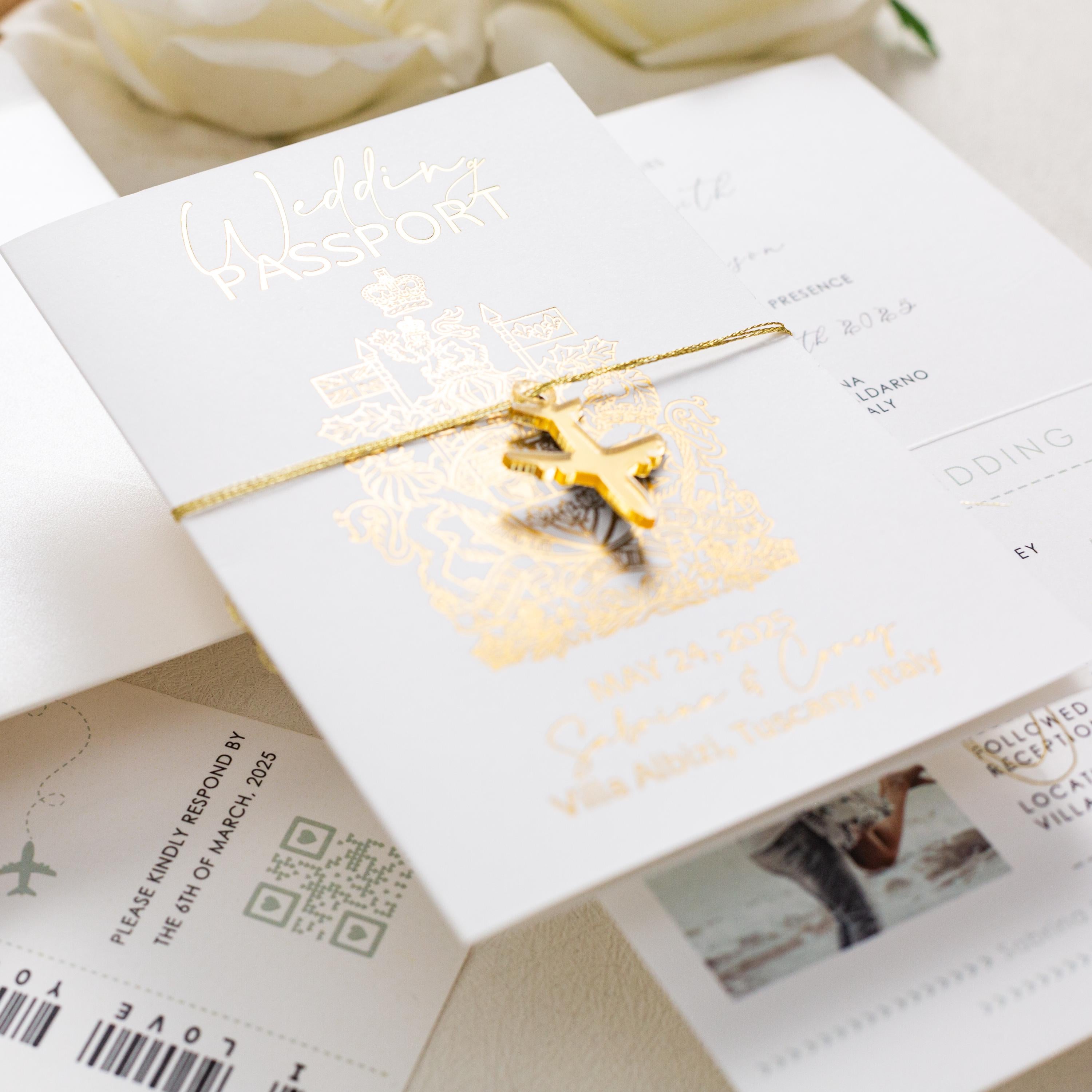 Destination Wedding Passport Invitation with Gold Airplane Charm