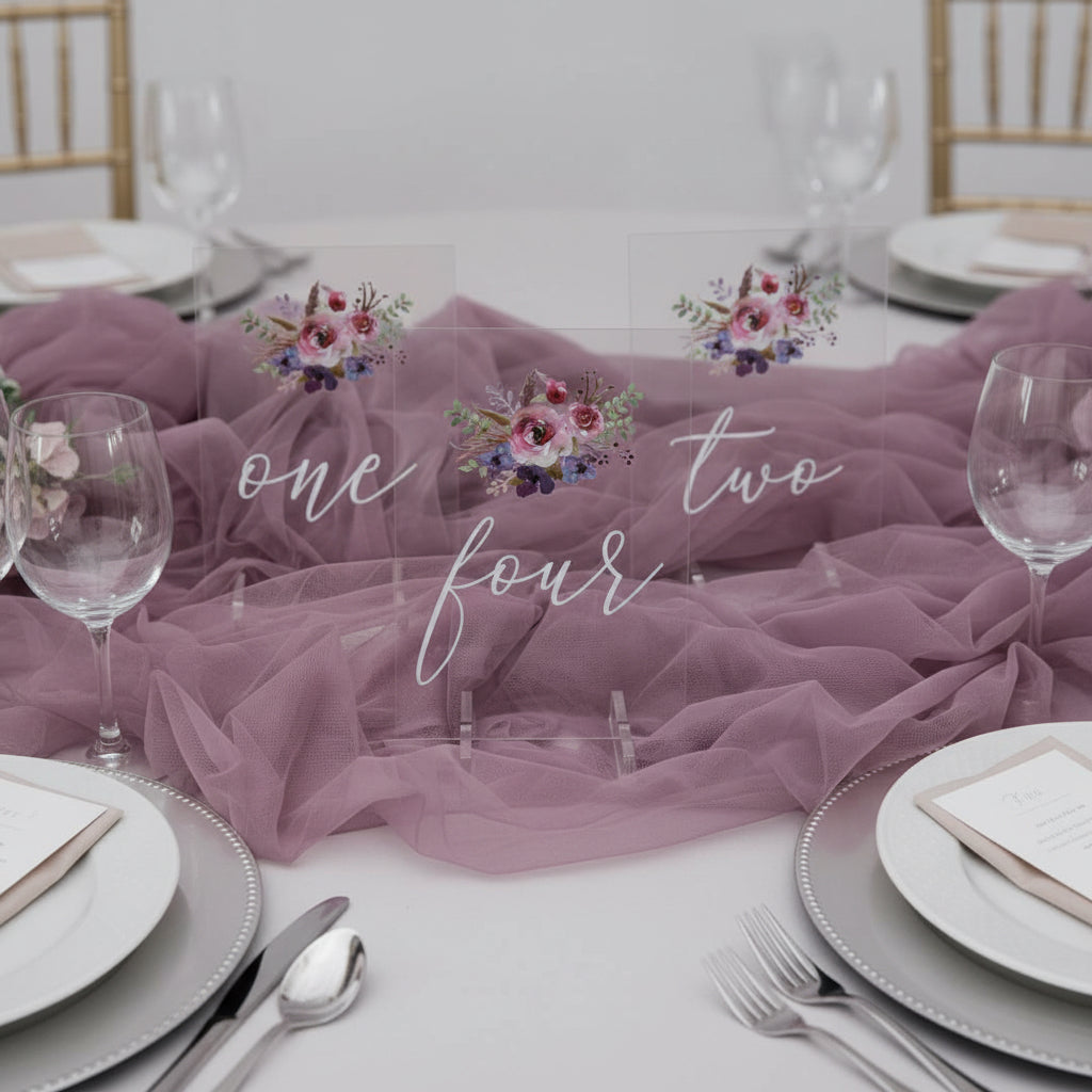 Floral Acrylic Wedding Table Number, Painted Purple & Pink