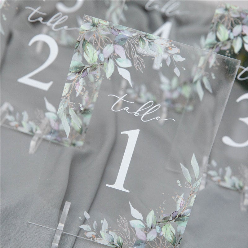 Boho Clear Acrylic Table Names & Numbers, Eucalyptus Foliage Design, Wedding Reception Decor
