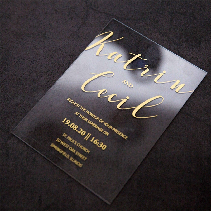Acrylic Gold Wedding Invitation, Clear Perspex Invite