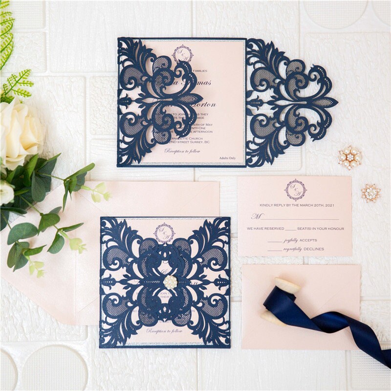 Navy Laser Cut Wedding Invitation, Blush and Silver Glitter